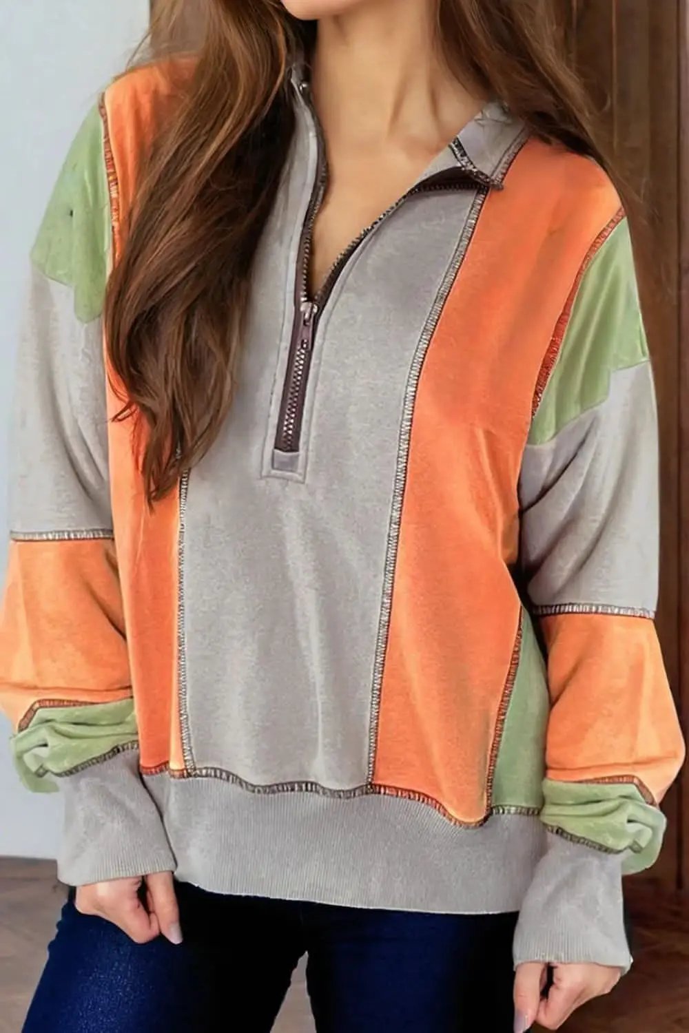 Full Size Exposed Seam Color Block Long Sleeve Sweatshirt - Love Salve